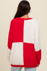 Red Colorblock Checker Print Fuzzy Knit Sweater