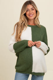 Olive Colorblock Checker Print Fuzzy Knit Maternity Sweater