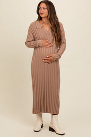 Mocha Ribbed Collared Maternity Midi Sweater Dress