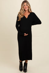 Black Ribbed Collared Maternity Midi Sweater Dress