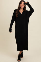 Black Ribbed Collared Maternity Midi Sweater Dress