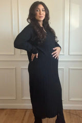 Black Ribbed Collared Maternity Midi Sweater Dress