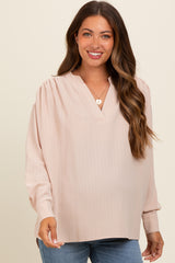 Beige V-Neck Maternity Oversized Blouse