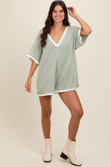 Light Olive Knit Contrast Trim Deep V-Neck Maternity Romper