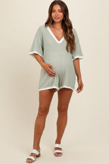 Light Olive Knit Contrast Trim Deep V-Neck Maternity Romper