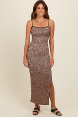 Brown Animal Print Fitted Maternity Maxi Dress