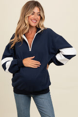 Navy Half Zip Stripe Sleeve Maternity Pullover