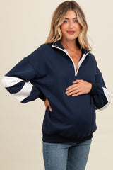 Navy Half Zip Stripe Sleeve Maternity Pullover