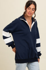 Navy Half Zip Stripe Sleeve Maternity Pullover