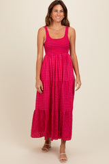 Coral Plaid Tiered Maternity Maxi Dress