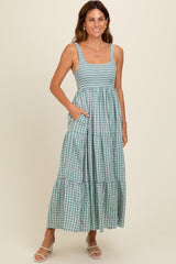 Light Blue Plaid Tiered Maxi Dress