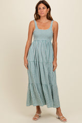 Light Blue Plaid Tiered Maxi Dress