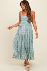 Light Blue Plaid Tiered Maternity Maxi Dress