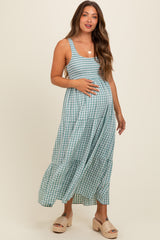 Light Blue Plaid Tiered Maternity Maxi Dress