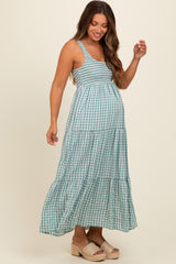 Light Blue Plaid Tiered Maternity Maxi Dress