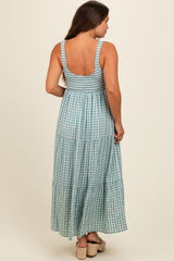 Light Blue Plaid Tiered Maternity Maxi Dress