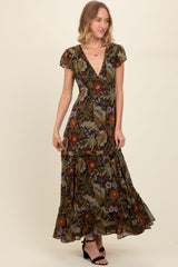 Black Floral Deep V-Neck Tiered Maxi Dress