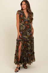 Black Floral Deep V-Neck Tiered Maternity Maxi Dress