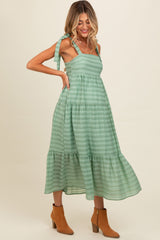 Light Olive Gingham Shoulder Tie Maternity Dress