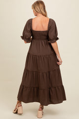 Brown Deep V-Neck Tiered Maternity Maxi Dress