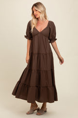 Brown Deep V-Neck Tiered Maxi Dress