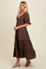 Brown Deep V-Neck Tiered Maxi Dress