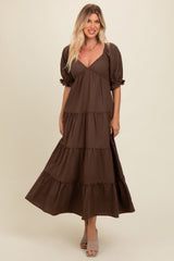 Brown Deep V-Neck Tiered Maxi Dress