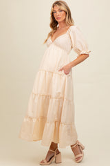 Cream Deep V-Neck Tiered Maternity Maxi Dress