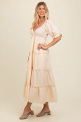 Cream Deep V-Neck Tiered Maxi Dress