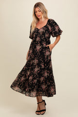 Black Floral Tiered Puff Sleeve Maxi Dress