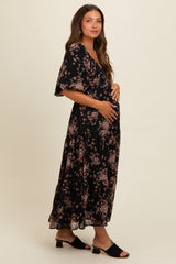 Black Floral Tiered Puff Sleeve Maternity Maxi Dress