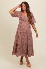 Mauve Floral Tiered Puff Sleeve Maternity Maxi Dress