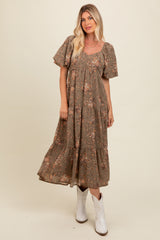 Olive Floral Tiered Puff Sleeve Maternity Maxi Dress