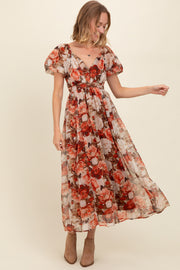 Rust Floral Puff Sleeve Maxi Dress