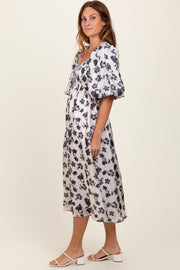 Ivory Satin Floral Smocked Midi Dress