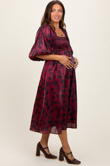 Burgundy Satin Floral Smocked Maternity Midi Dress