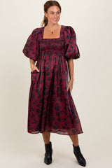 Burgundy Satin Floral Smocked Maternity Midi Dress