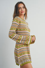 Green Multi Multicolored Crochet Sweater Dress