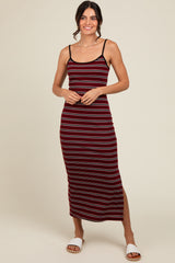 Burgundy Striped Ribbed Side Slit Midi Dress