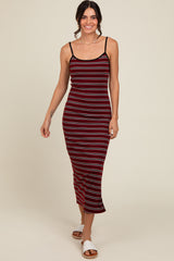 Burgundy Striped Ribbed Side Slit Midi Dress