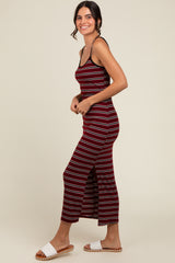 Burgundy Striped Ribbed Side Slit Midi Dress