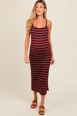 Burgundy Striped Ribbed Side Slit Maternity Midi Dress