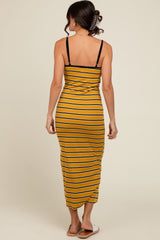 Yellow Striped Ribbed Side Slit Midi Dress