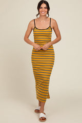 Yellow Striped Ribbed Side Slit Midi Dress