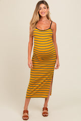 Yellow Striped Ribbed Side Slit Maternity Midi Dress