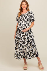 Ivory Floral Smocked Maternity Midi Dress