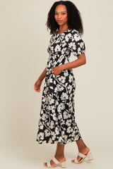 Black Floral Smocked Midi Dress