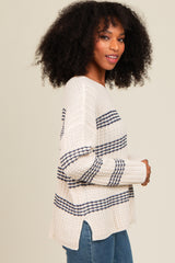 Navy Blue Striped Waffle Knit Sweater