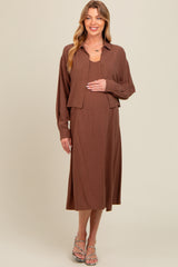 Mocha Linen Cropped Shirt Midi Dress Maternity Set