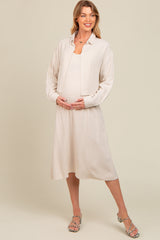 Beige Linen Cropped Shirt Midi Dress Maternity Set